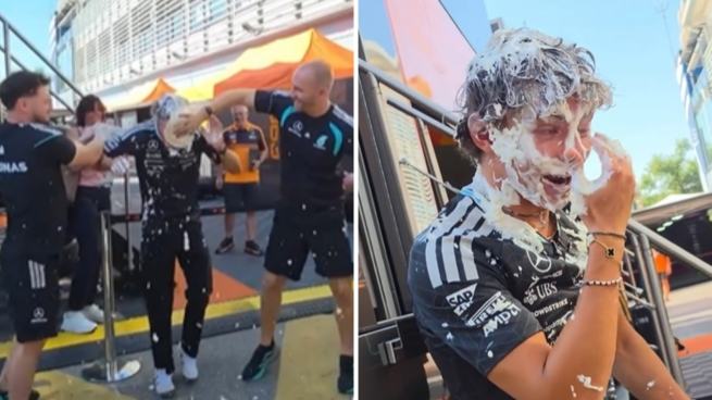 Torta in faccia a Kimi Antonelli: così i meccanici festeggiano il suo compleanno