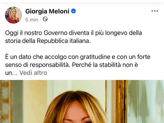 Meloni: è il governo più longevo della storia, merito di una coalizione unita