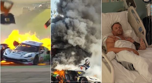 L'auto prende fuoco in gara, l'altro pilota scende e si getta tra le fiamme per salvare il collega. «Sono vivo grazie a lui, un eroe»